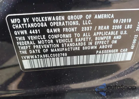 2020 Volkswagen Passat 2.0T Se z USA, uszkodzony, nr VIN 1VWWA7A35LC002769